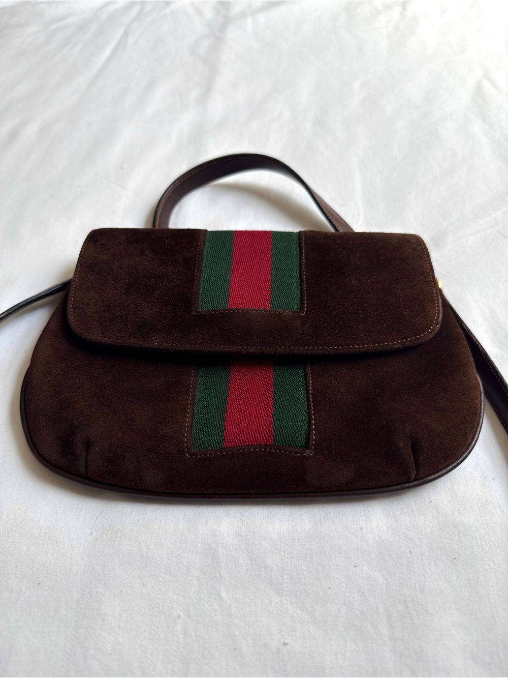 Vintage 1970s Gucci Rare Brown Suede Web Stripe Bag Quiet Luxury Crossbody - Picture 4 of 15